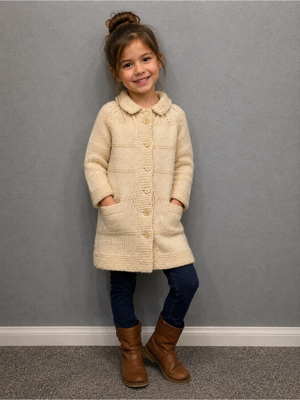 Vintage Hand Knit Kids Sweater Dress Cardigan Cream Button Front Cottagecore